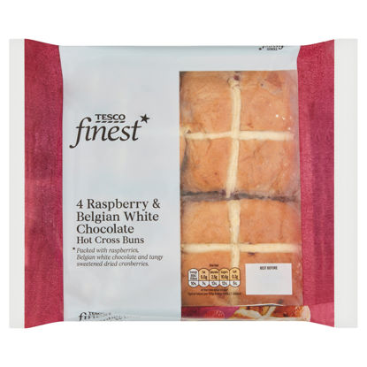 Picture of Tesco Finest 4 Pack Raspberry White Chocolate Hot Cross Buns